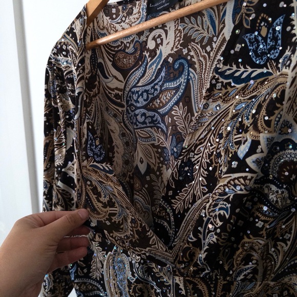 VTG Y2K Paisley Sequin Wrap Top Womens 1X Fairy Boho Glam Brown Asymmetrical - Picture 3 of 9